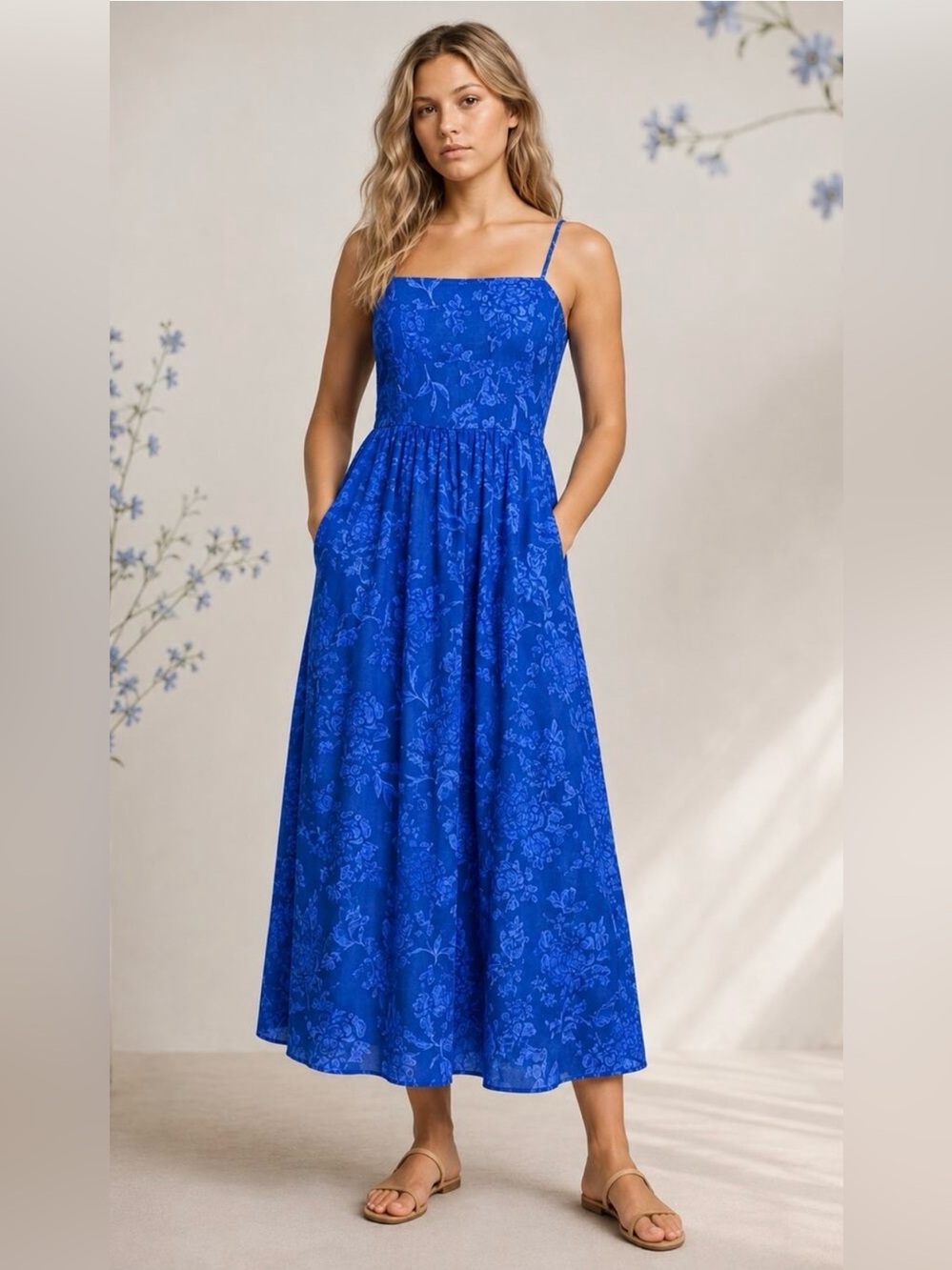 Universal Thread Blue Floral Smocked Midi Dress XS Pockets Cottagecore NWOT